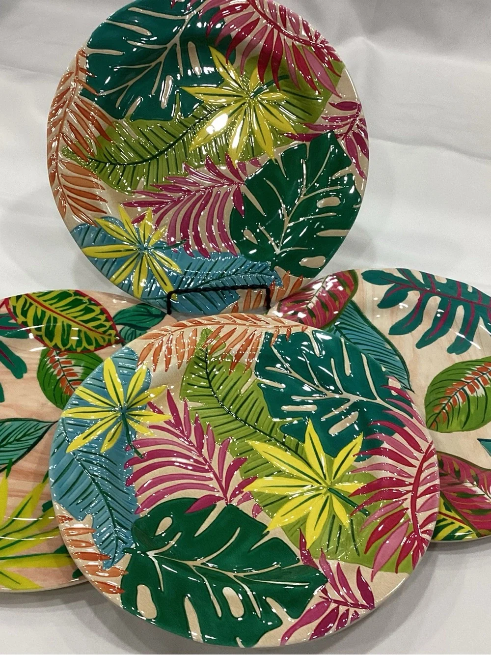 Tropical Leaf Ceramic Dinner Plates - Set of Colorful Palm Motif